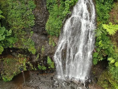 Waterfall on tropical mountain, Java, Indonesia. Stock Photos