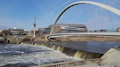 Waterfall under bridge Des Moines. Iowa Stock Footage 236485055
