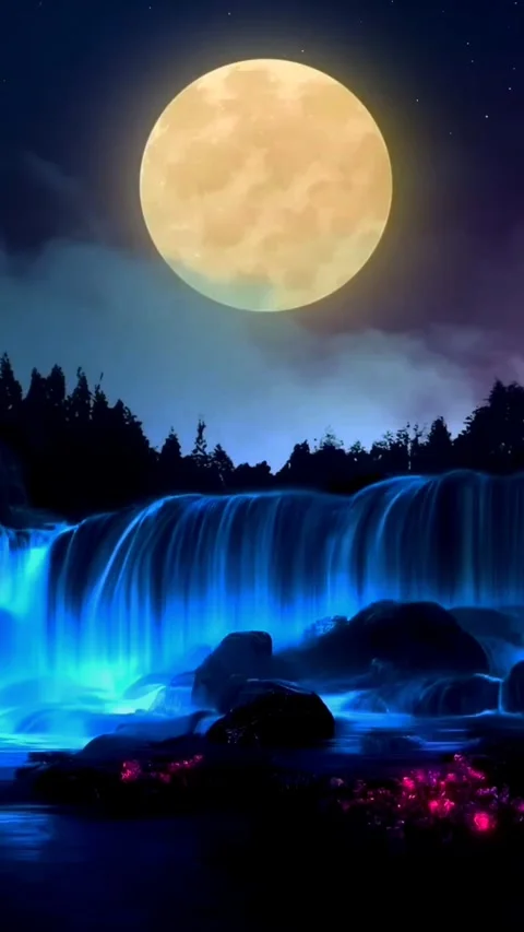 Waterfall under the light of the full moon Stock Footage 252076889