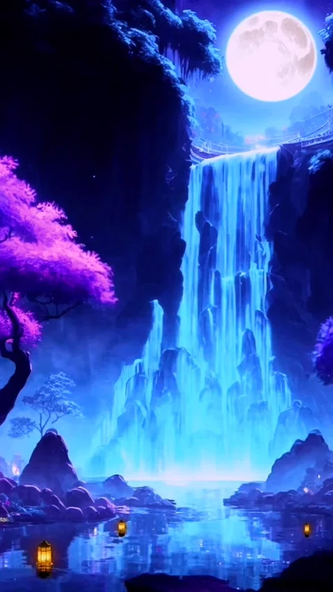 Waterfall under moonlight Stock Footage 254907910