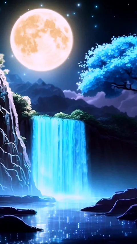 Waterfall under moonlight Stock Footage 255228726