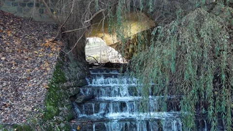 Waterfall Under Stone Bridge in Autumn Forest Video stock 320823313
