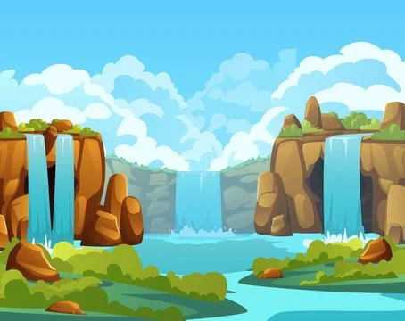 Waterfall in valley vector illustration, cartoon summer scenery with river water イラスト素材