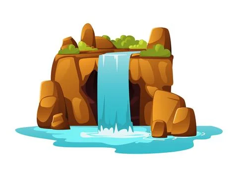 Waterfall vector isolated, cartoon summer scenery with water falling down from イラスト素材