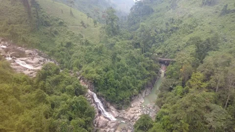 Waterfall View From the Cable Car at Ba Na Hills - Vietnam Stock Footage 263796707