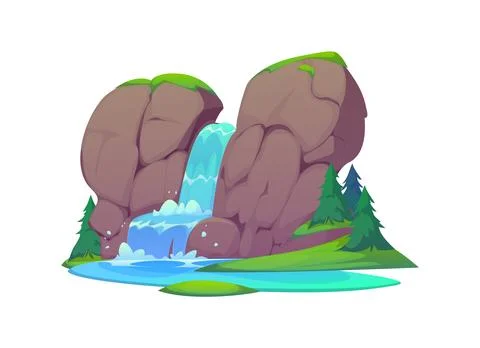 Waterfall, water cascade of river on mountain rock 스톡 일러스트