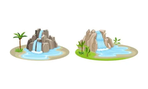Waterfall with Water Flowing Over Vertical Steep Drop Vector Set Ilustração Stock