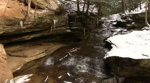 Waterfall in winter cave wide angle Stock Footage 10687724