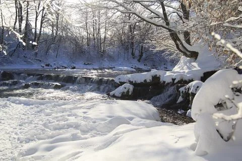 Waterfall in Winter Forest Foto stock