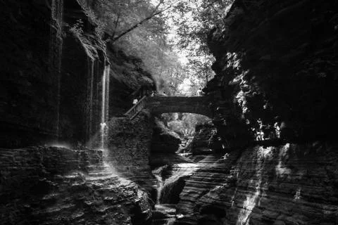 Waterfalls and Bridge by a Gorge. BW Stock Photos
