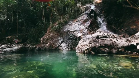 Waterfalls, cave, rocks, mountain, forest, canyon, water, landscape, Stock Footage 237179549
