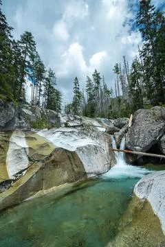 Waterfalls of Cold stream in Great Cold Valley in High Tatras, Slovakia. Cloudy Stock Photos