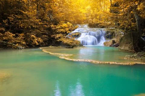 Waterfalls In Deep Forest at Erawan Waterfall in National Park Kanchanaburi T Stock Photos