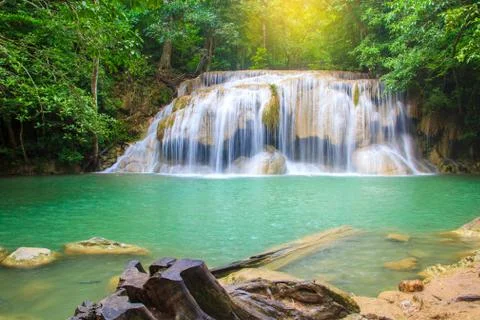 Waterfalls In Deep Forest at Erawan Waterfall in National Park Kanchanaburi T Stock Photos
