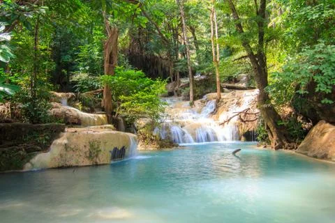 Waterfalls In Deep Forest at Erawan Waterfall in National Park Kanchanaburi T Stock Photos
