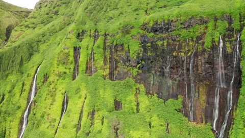 Waterfalls flowing down mountains in Poco Ribeira do Ferreiro, Flores Island 스톡 동영상 153255111