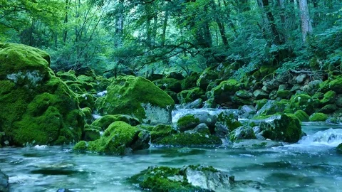 Waterfalls with rocks covered by green moss, crane up, UHD Stock Footage