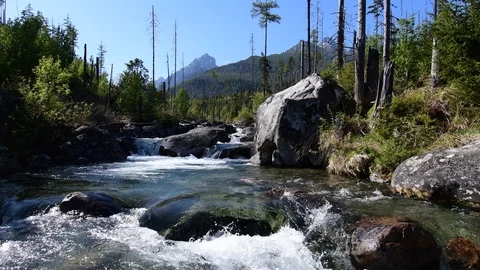Waterfalls at stream Studeny potok in High Tatras mountains, Slovakia Stock Footage 89710658