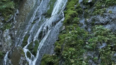 Waterflow down the mountain into wild river tilt shot Stock Footage