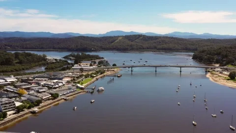 Waterfront of Batemans bay on river entering pacific ocean – aerial 4k. Stock Footage 189617678