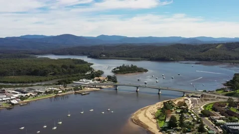 Waterfront of Batemans bay town on Clyde river in Australia – aerial hover 4k. Stock Footage 196804820