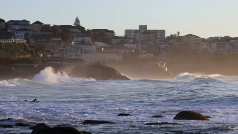 Waterfront of Bronte beach eastern suburbs at sunrise – surfers, fishing as 4k Stock Footage 137394949