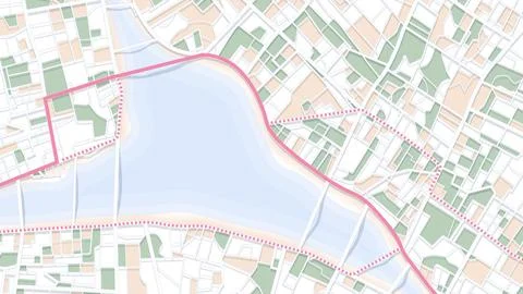 Waterfront city map with highlighted route and bridges. Vector illustration. Stock Illustration