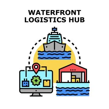 Waterfront logistics hub managing cargo delivery operations Illustrazione stock