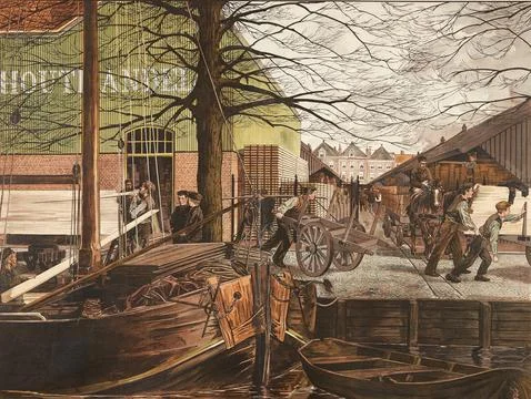Waterfront lumber shop where workers unload and transport timber from a boat. Ilustración de archivo