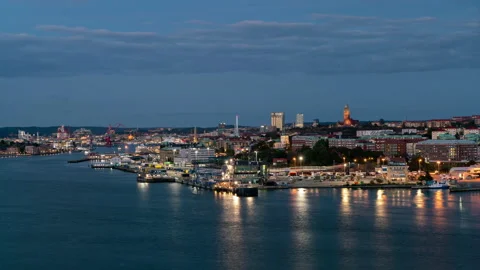 Waterfront Nigh city light illumination with reflection in water Aerial Goteborg Stockbeeldmateriaal 233658341