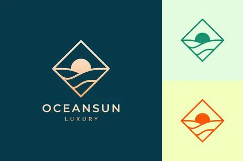 Waterfront or ocean logo in simple rhombus with water wave and sun shape Stock Illustration