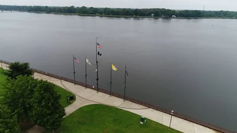 Waterfront Park with Bridge in Background Overcast Day Drone Stock Footage 91754268