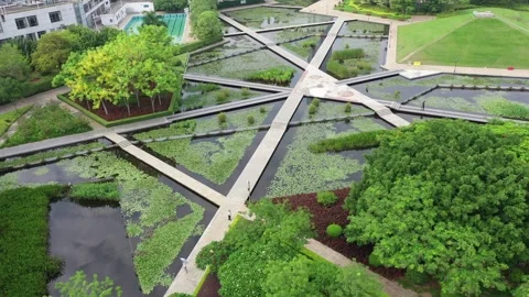Waterfront Park Geometric Wide Pullback Aerial Shot Stock Footage 339796141