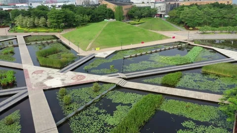 Waterfront Park Overhead Rolling Hills Background Aerial Stock Footage 339796163
