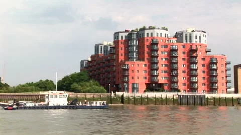 Waterfront red apartment complex Stock Footage 63150709