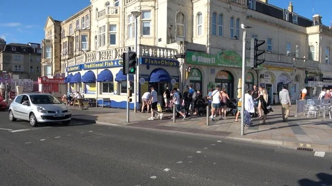 The Waterfront, traditional fish and chips, takeaway bar on Regent Street Stock Footage 111576239