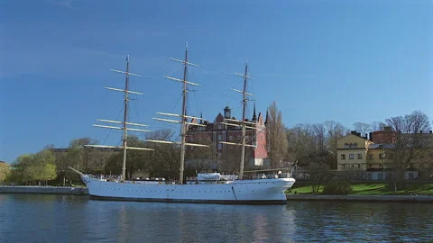 Waterfront view of AF Chapman full rigged steel ship, Stockholm, Sweden Stock-Footage 312147744