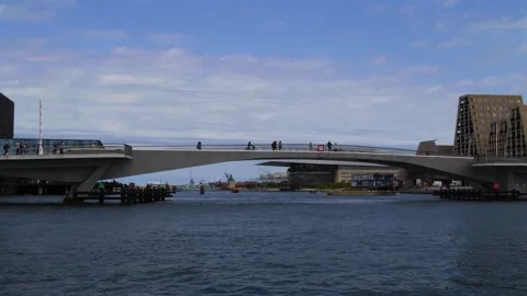Waterfront view of Inner Harbour Bridge (Inderhavnsbroen) in Copenhagen, Denmark Stock Footage 344996631