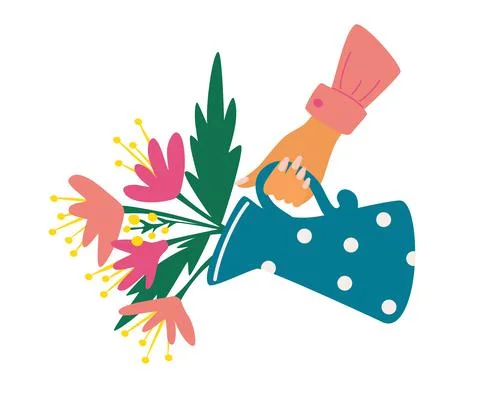 Watering can with bouquet. Hand holding a watering can with flowers. Happy Mo Stock Illustration