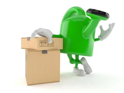 Watering can character with stack of boxes Stock Illustration