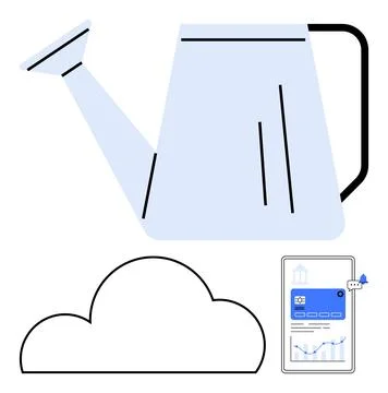 Watering Can, Cloud Outline, and Tablet with Financial App Highlighting Gro.. Stock Illustration