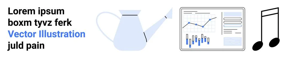 Watering can, data visualization with charts, and music notes represent growt Stock Illustration