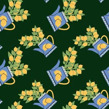 Watering Can with Lemons Pattern in Mediterranean Garden Style Stock Illustration