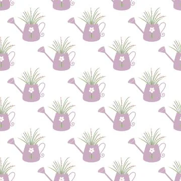 Watering can seamless pattern vector. Cute flat garden watering can with flower Stock Illustration