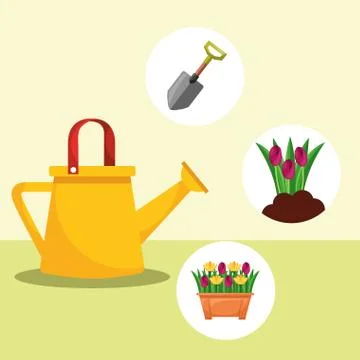 Watering can shovel potted flowers gardening image Stock Illustration