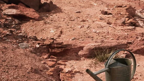Watering can sits on dry ground near red rocks and sparse grass Stock Footage 338320184