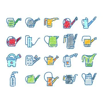 Watering cans collection hand drawn scribble style icons Stock Illustration