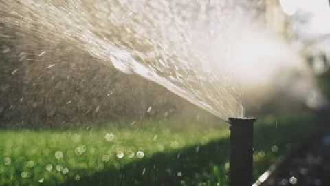 Watering the grass. SLOW MOTION. Water spraying out of sprinkler on the lawn. 動画素材 140294586