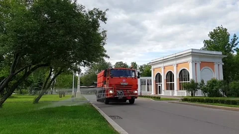 Watering machine in VDNKh, slow motion Stock Footage 155596489