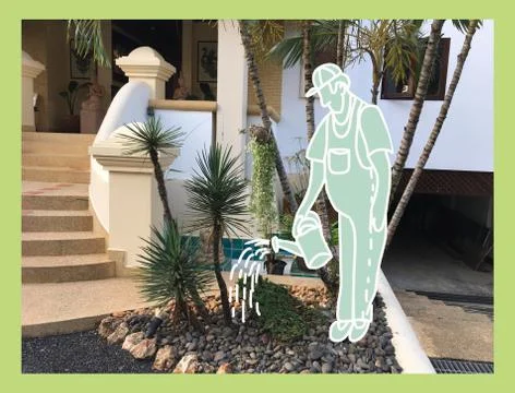 Watering Man in garden backyard. Stock Photos